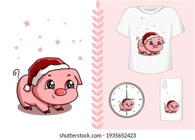 Mockup set, a cute baby pig with Christmas hat