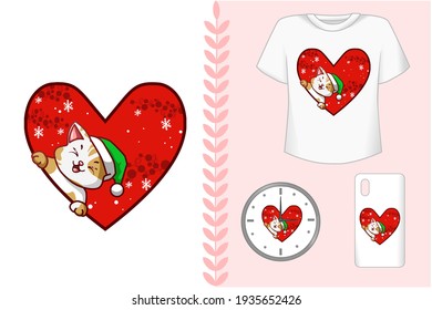 Mockup set, cute cat with love wearing green hat Christmas