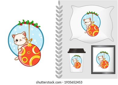 Montaje de burlas, lindo gato en la pelota de Navidad con hojas huecas