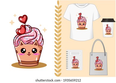 Mockup set, cute cupcake cat pink ice cream with candy love