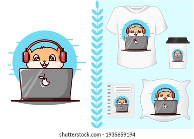 Mockup set, cute hamster wearing earphone and playing the laptop illustration