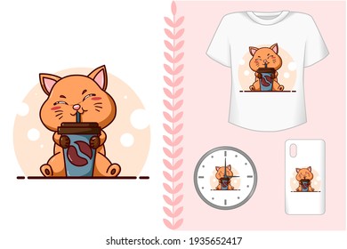 Mockup set, a cute orange cat sitting drinking a bottle illustration