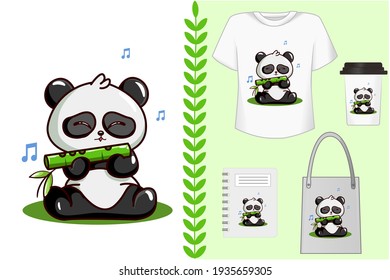 Montaje de maquillaje, lindo panda soplando flauta de bambú