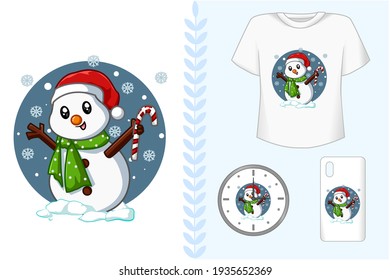 Mockup set, cute snowman bring candy Christmas in the winter