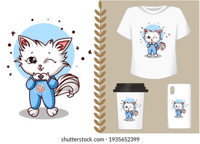Mockup set, cute white cat forming love finger