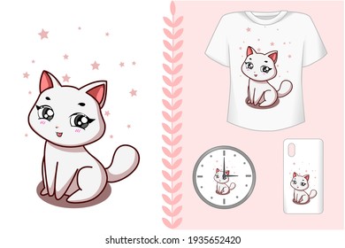 Mockup set, a cute white cat cartoon kawaii illustration