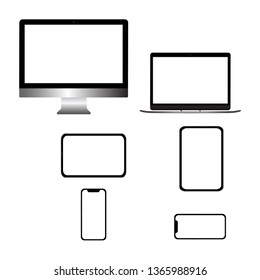 Mockup set device: phone, tablets, laptops, and computer monitors black color with a blank screen for demonstration graphic or design.