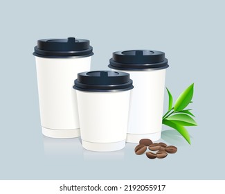 Mockup of a set of disposable cups in a scene decorated with coffee beans and tea leaves on a pastel background