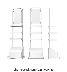 Mockup Set Of Floor Display Rack For Supermarket. Blank Empty Displays With Shelves. 3D Mock Up, Template Isolated On White Background.