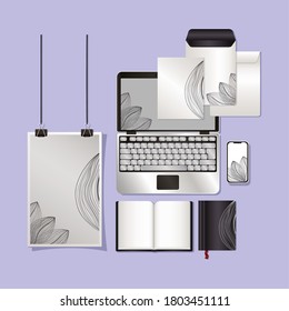 mockup set with gray lotus branding of corporate identity and stationery design theme Vector illustration