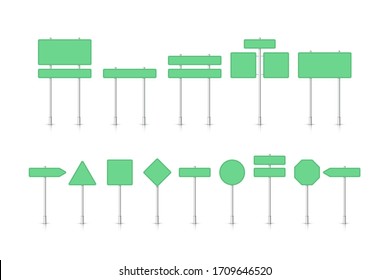 Mockup set of green traffic sign isolated on white background. Road signpost. Blank board with place for text. Direction. Vector illustration.