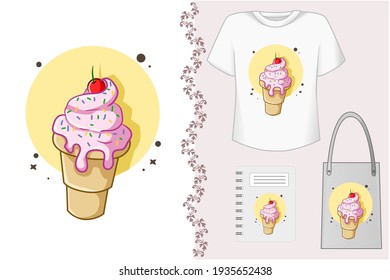 Mockup set, ice cream with pink butter cream and cherry
