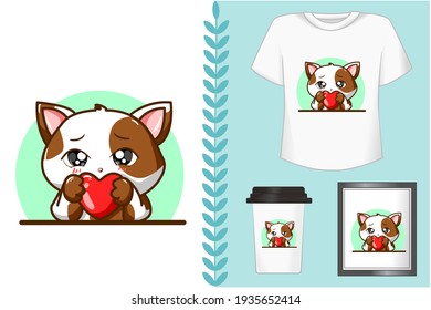 Mockup set, illustration of a cute cat in white brown blaster with love