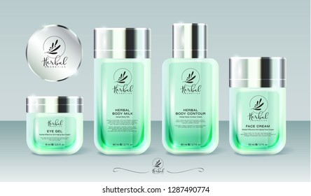 A mockup set including cosmetic packaging. Different jars and bottles for herbal cosmetics.