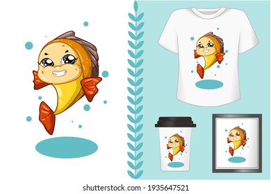 Mockup set, a laughing yellow red fish with blue background