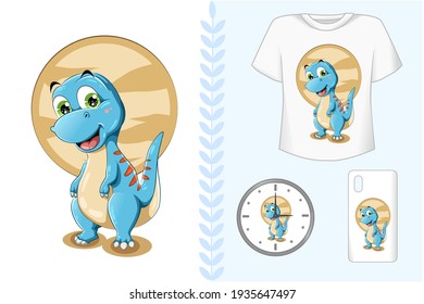 Mockup set, little cute small baby blue dinosaur vector illustration