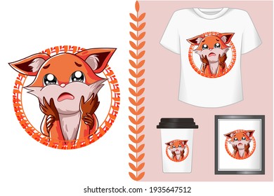 Mockup set, little sad fox will lose his friend illustration