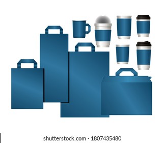 mockup set og bags and mugs with blue branding of corporate identity and stationery design theme Vector illustration