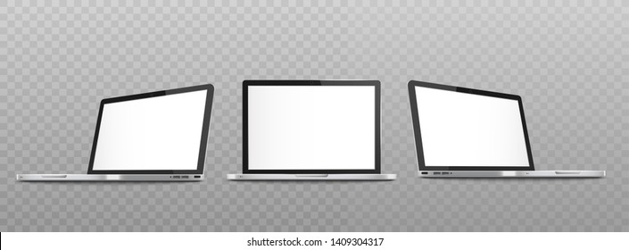 Mockup set of open laptop with blank screen in different views realistic style, vector illustration isolated on transparent background. Templates of notebook computer with clean monitor