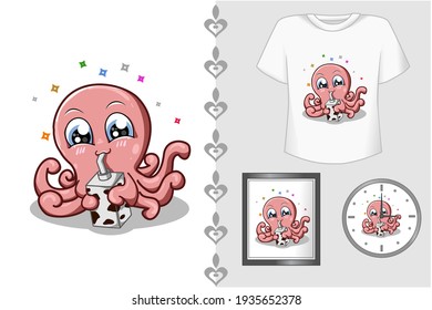 Mockup set, pink octopus drinking milk illustration