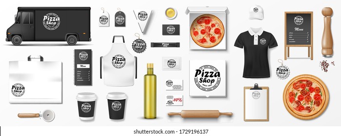 Mockup Set For Pizzeria, Cafe Or Restaurant. Realistic Branding Set Of Pizzeria Delivery Truck, Uniform, Pizza Box, Menu, Cardboard Package. Pizza Mockup Elements For Presention And Advertising