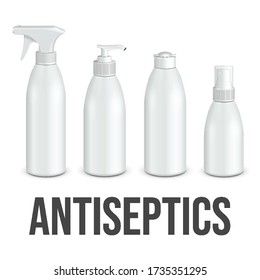 Mockup Set Plastic Bottle Of Antiseptic, Cosmetic, Hygiene, Medical, Gel, Liquid Soap, Lotion, Cream, Shampoo. Mock Up Template. Illustration Isolated On White Background. 