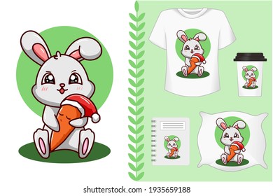 Mockup set, rabbit hug the carrot wearing Christmas hat