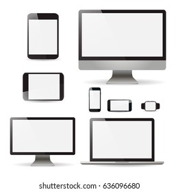 Mockup set realistic Monitors laptop tablet and phone vector illustration