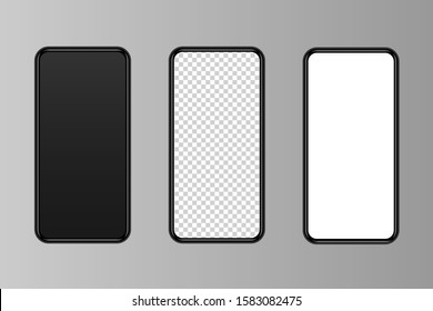 mockup set with realistic smartphones. mobile phone front view mockup. black frame with highlights. modern digital template. mobile phone blank, white, transparent design. stock vector illustration.