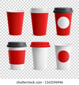 Mockup set of red and white paper coffee cups. Vector blank mockup paper cup template on transparent layer