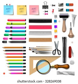 Mockup set of school office supplies on white background, vector illustration.
