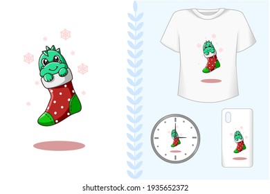 Mockup set, a small dinosaur in the stocking illustration