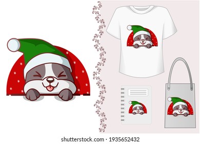 Mockup set, smiling dog while closing his eyes wearing a green christmas hat