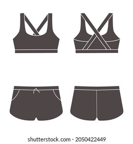 Mockup of set of sportswear for women. Front and back views.  Vector illustration. Cartoon flat style