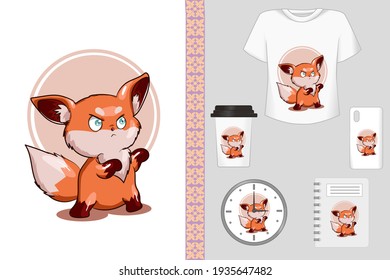 Mockup set, t shirt and merchandising little angry small orange fox