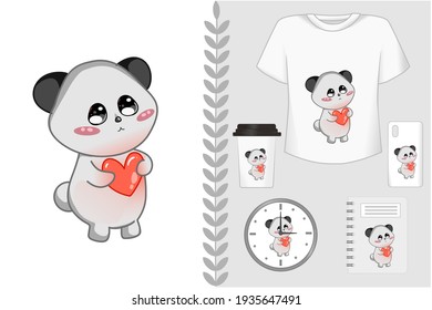 Mockup set, t shirt and merchandising cute panda with love