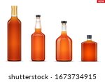 Mockup set of whiskey bottle. Transparent glass. Example bottle for whickey and cognac and brandy beverages. Vector Illustration isolated on white background.