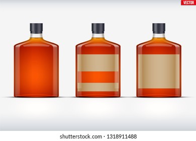 Mockup set of whiskey bottle. Transparent glass. Example bottle for cognac and brandy and whickey beverages. Vector Illustration