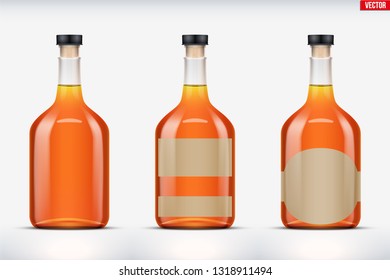 Mockup set of whiskey bottle. Transparent glass. Example bottle for cognac and brandy and whickey beverages. Vector Illustration