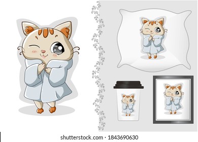 Mockup set, white cat wearing white coat illustration