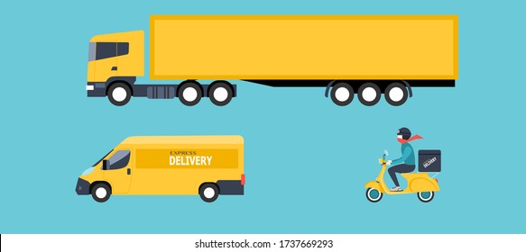 Mockup Set of yellow Truck Trailer, Delivery Car, delivery  motorcycle. vector illustration.