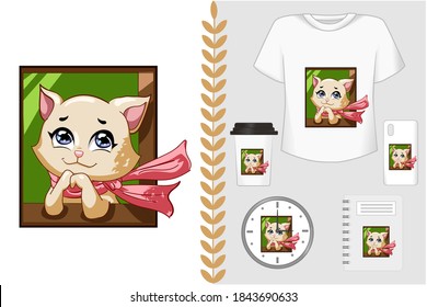 Mockup sett shirt and merchandising, beautiful cat in wearing pink scarf in the window