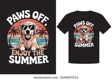 Mockup showcases a black t-shirt with a graphic of a dog wearing sunglasses alongside the text Paws Off, Enjoy the Summer, and palm trees for a summery look.