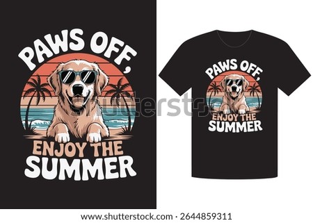 Mockup showcases a black t-shirt with a graphic of a dog wearing sunglasses alongside the text Paws Off, Enjoy the Summer, and palm trees for a summery look.