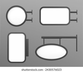 Mockup of signboard attached to wall at entrance of store or cafe. Realistic vector set of signage with white empty frame of rectangular, round and oval shape. Vertical and horizontal display board.