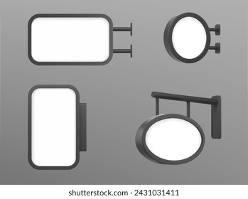 Mockup of signboard attached to wall at entrance of store or cafe. Realistic vector set of signage with white empty frame of rectangular, round and oval shape. Vertical and horizontal display board.