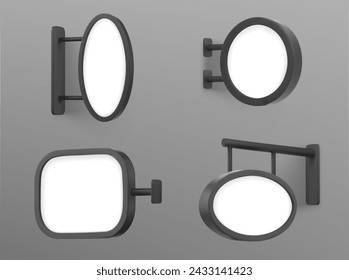 Mock-up von Schild an der Wand am Eingang des Geschäfts oder Cafés angebracht. Realistisches Vektor-Set von Beschilderung mit weißem leeren Rahmen von runder, quadratischer und ovaler Form. Vertikale und horizontale Anzeigetafel