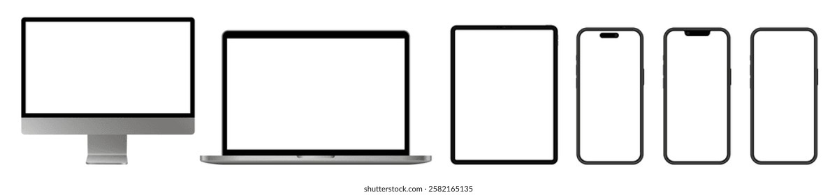 Mockup of silver computer monitor, laptop, tablet screen and mobile phones. Social media promotion. Advertising on a smartphone display. Device front view. 3D smart pad with shadow. Cell phone