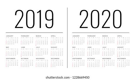 Mockup Simple calendar Layout for 2019 and 2020 years. Week starts from Sunday.