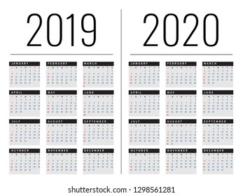 Mockup Simple calendar Layout for 2019 and 2020 years. Week starts from Monday.